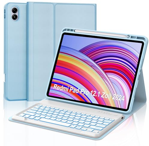 SENGBIRCH Teclado para Redmi Pad Pro 12,1 Pulgada - Funda Teclado para Redmi Pad Pro 2024, Teclado Español Ñ Bluetooth Retroiluminación para Redmi Pad Pro 12,1 Pulgada 2024, Azul Claro