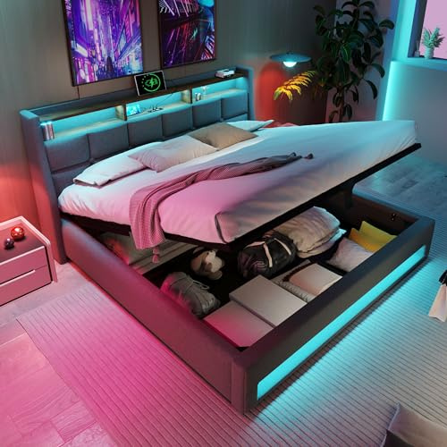 Huayz Polsterbett 160x200, LED Doppelbett mit Stauraum und Lattenrost, Kopfteil mit Staufach und USB-Ladefunktion, Hydraulisch Stauraumbett Rückenlehne, ohne Matratze (Grau, 160×200cm)