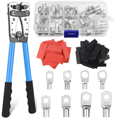 Crimpzange Kabelschuhe 16mm² Crimpzange 6/10/16/25/35/50mm² Mit 120 Stück Kupferringklemmen