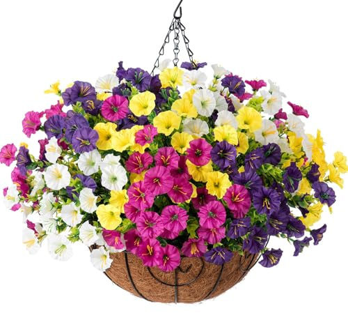 HyeFlora Artificial Hanging Flowers Faux Plants Basket for Outdoors Spring Decor, Fake Silk Morning Glory with Eucalyptus in Planter UV Resistant Outdoor Flowers for Outside Porch Patio Garden Home