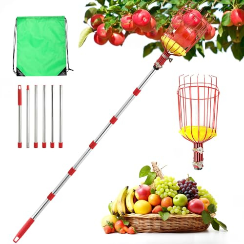 seOSTO Cueille Fruit Télescopique, 2,6M Cueilleur de Fruits Amovible, Pince avec Panier en Acier Inoxydable Ramasse Fruit avec Poteau Réglable Léger, Outil Cueillette Jardin Arbre Poires Pêches