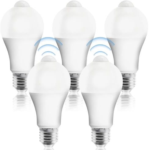 Leikurvo 5 Stück E27 LED Glühbirne mit Bewegungsmelder, LED Birne mit PIR Bewegungsmelder Lampe 12W Kaltes Weiß 5700K Lichtsensor Energiesparlampe für Flur, Garage, Treppe, Balkon