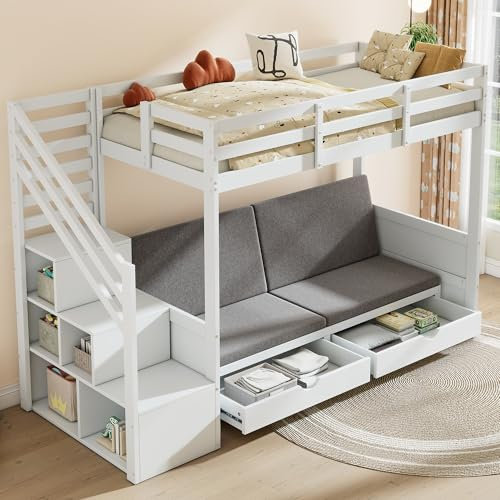 Zravenna Litera de 90 x 200 cm, cama doble multifuncional, el nivel inferior se utiliza como cama o sofá e incluye cojines, cama infantil con armario de escaleras y 2 cajones (blanco)