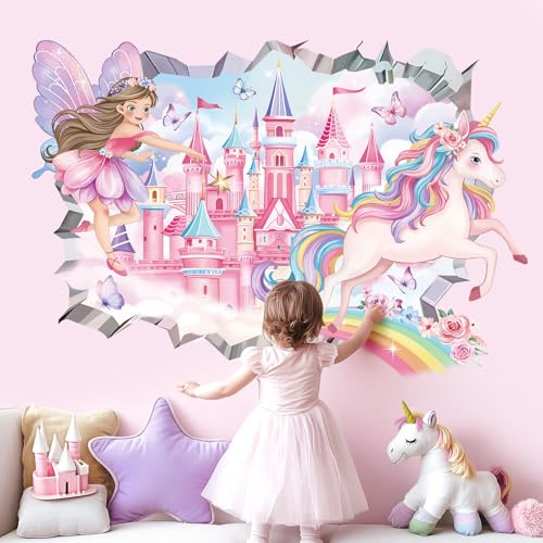 decalmile 3D fe prinsessa väggdekaler slott enhörning spricka hål regnbåge väggklistermärken flickor sovrum baby barnkammare barnrum väggdekor