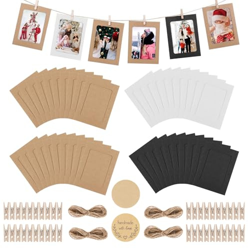 BYETIVE 40 cornici in carta kraft per collage, decorazione da parete per appendere immagini, cartoline, con 40 mini clip in legno, 4 corde di canapa e 80 adesivi fai da te, 10 x 15 cm, 300 g/m²