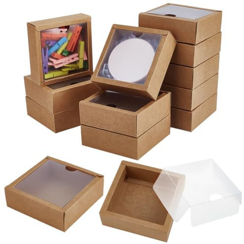 BENECREAT 20 cajas cuadradas de papel con ventana de PVC, caja de embalaje de papel de 10 x 10 x 3,5 cm para favor de boda, regalo de fiesta de chocolates, galletas pequeñas artesanías