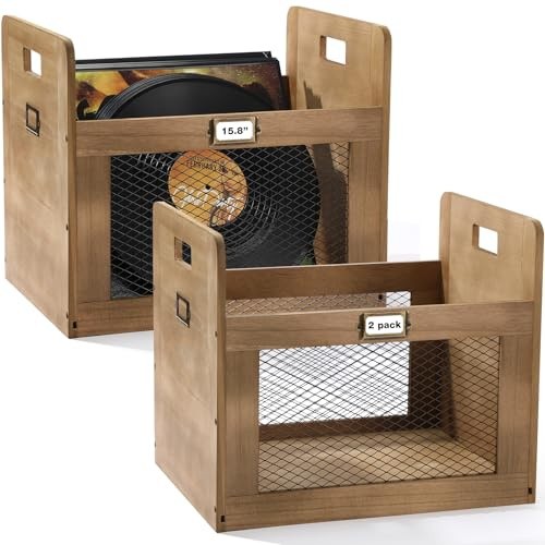 Maxdot 2 Pack Vinyl Record Storage Crate, Wooden & Metal Mesh Multifunctional Storage Boxes with Handle Cube Organizers Holder Crate for Storing up to 80 Vinyl LP Record