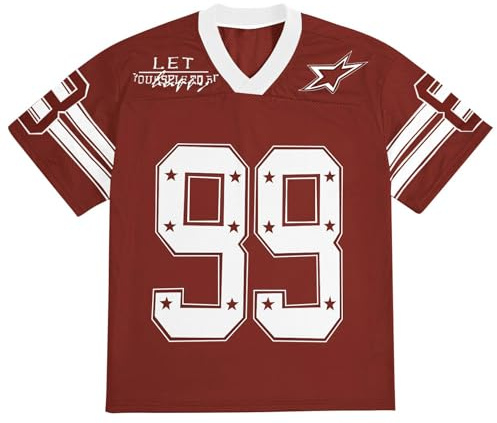 Yimoon Camicie da Uomo in Jersey Oversize con Numeri grafici Magliette a Maniche Corte Vintage Anni '90 Y2k Streetwear Top, Rosso, S