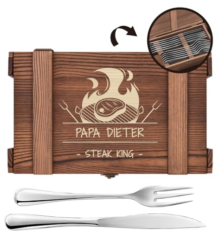Maverton Couverts de Table à Steak - 6 Couteaux a Steak et 6 Fourchette a Viande dans un Coffret Cadeau Homme Personnalisé - Set De Table avec Boîte en Bois - Cadeau Personnalisé pour lui