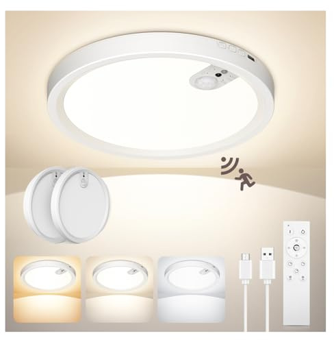 ONEWEST 2 Pack LED Ceiling Light Motion Sensor with Remote, Rechargeable | Cordless 7000mAh Battery Operated Sensor Light with Induction Timing & 3 Colors Dimmable for Bedroom, Porch, Basement
