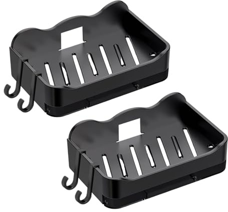 2 Stück Seifenschale mit Ablauf Seifenhalter Zweischichtig Verdickt Elegant Schwarz mit Abtropfschale Ohne Bohren Wandmontage für Dusche Badezimmer Küche