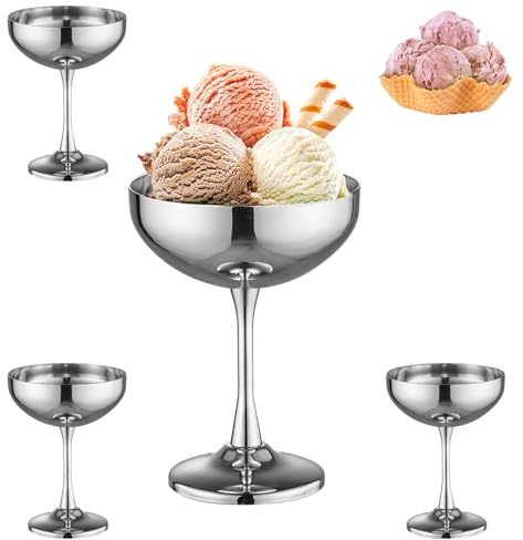 Ezweiji 4 Stück Eisbecher Edelstahl Set, Dessertgläser mit Standfuß Bruchsicher Spülmaschinenfest Dessertschalen für Eis,Fruchtpudding,Salat Modernes Design für Zuhause (Silber und Groß-270ML)