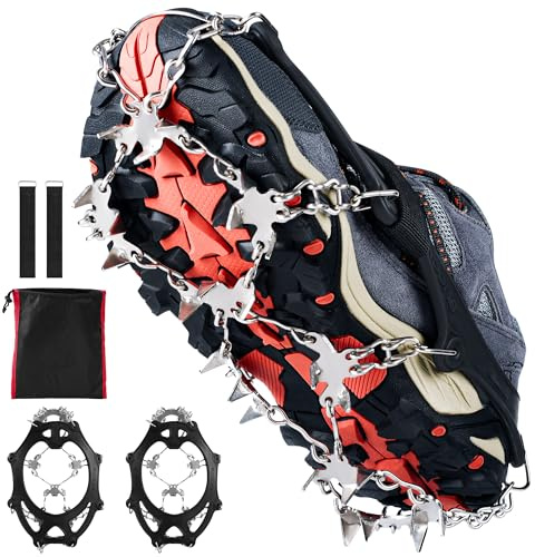 Grödel für Bergschuhe mit 26 Edelstahl Zähne,Steigeisen für Wanderschuhe, Verdickte Anti-Rutsch Spikes für Schuhe Winte, Mann Frau Erwachsene Kinder Fit für Wandern Trail Running Eisfischen