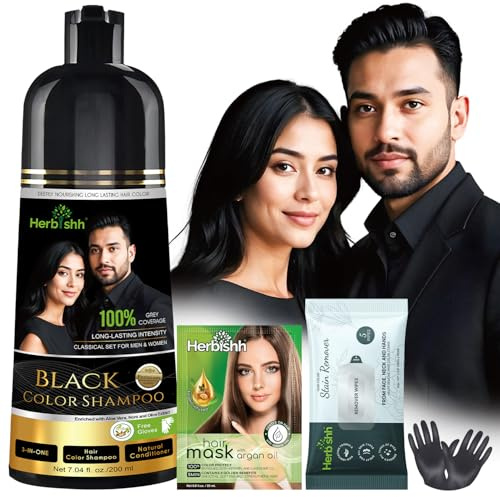 Herbishh Schwarzes Haarfärbe-Shampoo, 200 ml + Feuchttücher zum Entfernen von Haarfarbe, Grauabdeckung und saubere Reinigung