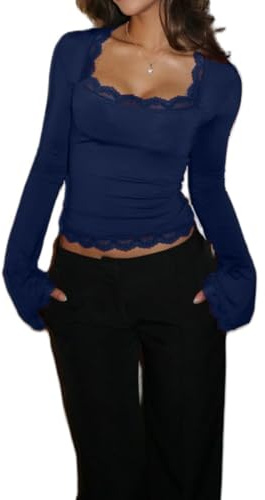 Camiseta básica con cuello cuadrado y ribete de encaje para mujer, manga larga acampanada, blusa básica ajustada
