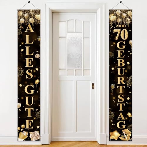 Deko 70 Geburtstag Banner Schwarz Gold - 2 Stück Alles Gute zum 70 Geburtstag Türbanner (180 X 30cm), Stoff Geburtstagsdeko Türbanner für Frauen Männer 70. Geburtstagsfeier Hintergrund