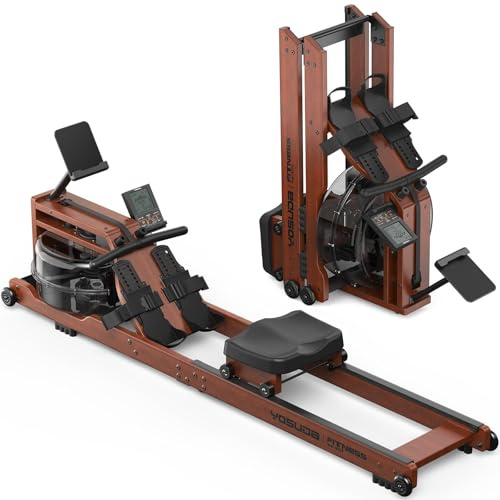 YOSUDA Foldable Wood Rowing Machine for Home Gym, Water Resistance Rower with Tablet Holder, App-Connected, Max 182 kg Weight Capacity, Comfortable Seat, 98% Pre-Assembled