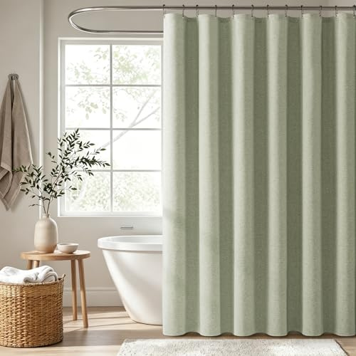 Woaboy Tenda Doccia Antimuffa, Tessuto in Lino 240x200 cm Verde | Impermeabile, con 16 Ganci in Metallo, Tende per Doccia in Poliestere Pesante di Lusso da Hotel