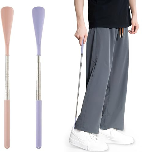 GWEOR Set 2 Calzascarpe Telescopico Allungabile in Acciaio Inox con Manico Ergonomico in ABS - Calzatutto Lungo Regolabile per Anziani, Gravidanza e Disabili - Viola e Rosa