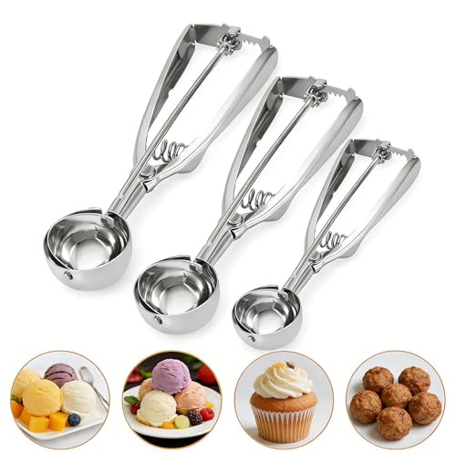 3PCS Ice Cream Scoop Set Stainless Steel with Trigger,Large (6CM) Medium (5CM) Small (4CM) Size Cookie Dough Scooper for Baking, Kitchen Portion Scoop Tool for Desserts Ice Cream (3 Sizes)