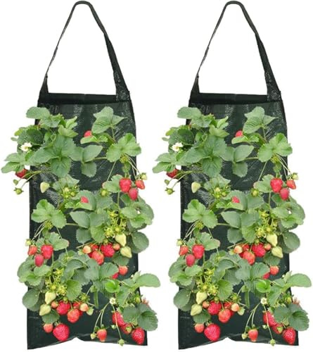 YUZHEDM 2 Pièces Sac De Plantation Fraises, Sac De Culture À Fraises De Plantation Vertical Suspendu, Sacs Plantation Respirant, Suspension Plante Exterieur avec 8 Trous pour Fraise Légumes Fleurs