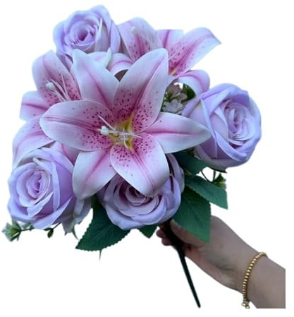 9 stjälkar Blandade rosor och liljor Konstgjord vårbukett, Hem Bröllopsdag Borddekoration Semesterpresenter Gör-det-själv-arrangemang(Light purple)