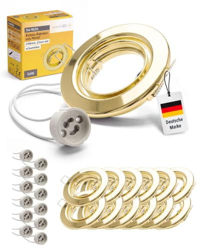 Sweet Led Einbaustrahler GU10 Fassung Einbauspots goldfarbig Einbaurahmen 230V deckenspots Lochmaß 68mm Spots Durchmesser 88mm deckenstrahler aus Metall einbau sockel ring schwenkbar 12 stück
