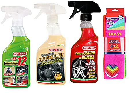 Ma-Fra Kit Trattamento Auto Interno ED Esterno. SGRASSANTE MULTIUSO HP 12- pulitore CERCHI & GOMME - Trattamento 3IN1 PLASTICHE - INSIEME 7 PANNI MICROFIBRA MULTIUSO 30x35 cm