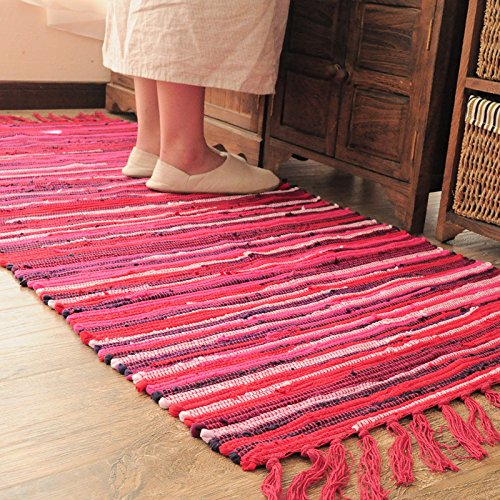 Poowe Cotton Handmade Reversible Chindi Rag Rugs,Multi Color Hand Woven Striped Area Bath Rug Mat Carpet with Tassels Machine Washable,for Laundry Room Kitchen Livingroom Hallway Entryway 20 x 31.5