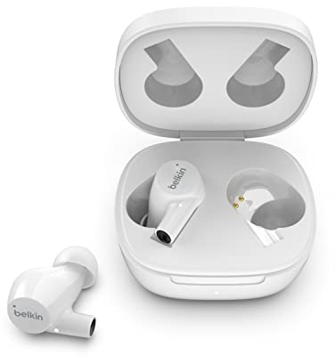 Belkin Wireless Earbuds, SoundForm Rise True Wireless Bluetooth 5.2 Earphones with Wireless Charging, IPX5 Sweat and Water Resistant, With Deep Bass for iPhone, Galaxy, Pixel and More - White