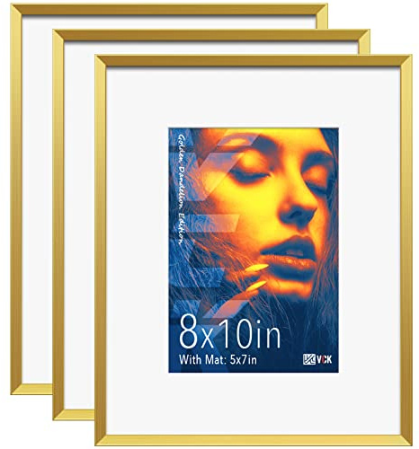 VCK 8x10 Metal Picture Frames Gold Set of 3, Multi Aluminum Picture Frames Made of High Definition Real Glass for 5x7 with Mat or 8x10 Without Mat, Wall Hanging