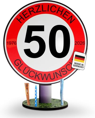 DARO Design - Verkehrsschild 50 Jahre Herzlichen Glückwunsch - 20cm Groß - Verkehrszeichen Geburtstag, Jubiläum, Schild, Holz