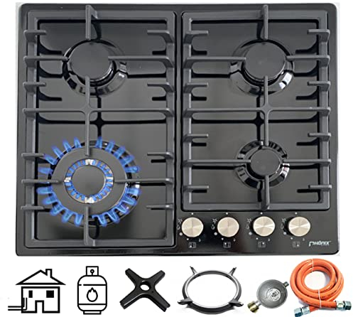Phönix PE-603T Einbau Gaskochfeld Gaskocher 4 flammig Einbauherd Schwarz emailliert, Propan-/ Erdgas inkl. Guss Wok-Aufsatz & Zubehör