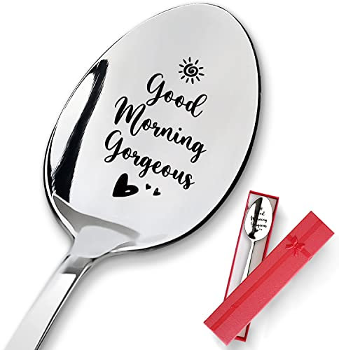 PZJIEAN Good Morning Gorgeous Engraved Stainless Steel Spoon, Best Ice Cream Coffee Spoon Ice Cream Spoon Gifts for Wife, husband, Girlfriend, Boyfriend, Ice Cream Lovers, Birthday Valentine Christmas