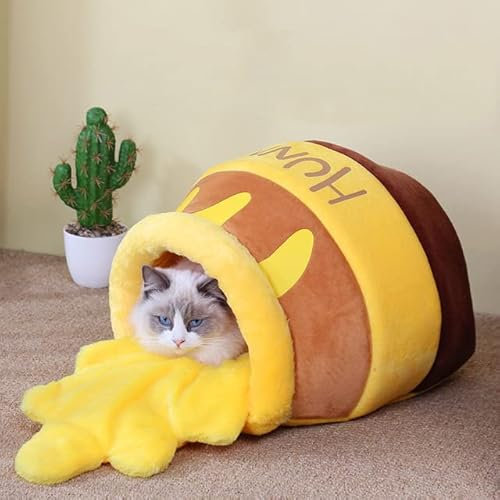 DABIN Chat lit Maison Accessoires pour Animaux Quatre Saisons Tapis en Peluche Chats Coussin Panier Miel Pot Forme Animaux Produit pour Petit Chat Chien Lapin