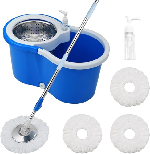 Trapeador giratorio y cubo con juego de escurridor, sistema de cubo giratorio de 360° con 3 cabezales de repuesto de fregona de microfibra y mango ajustable de acero inoxidable de 61 pulgadas para