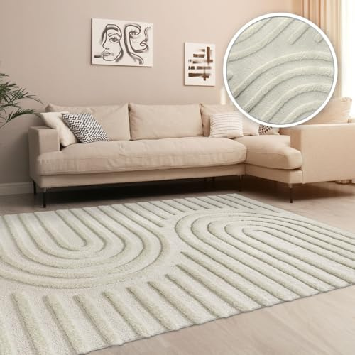 TT Home Wohnzimmer Teppich Hochflor Langflor Schlafzimmer Boho Design 3D Design Skandi Design Modern Unifarben, Farbe:Creme, Größe:160x220 cm