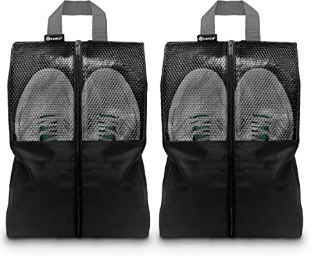 HANOZI Shoe Bags For Travel, Used As For Storage or Shoe Travel Bag, Space Saving When Travelling With This Travel Shoe Bags For Packing, Featuring Waterproof Nylon Sneaker Bag (Black, 2 Pack, Medium)