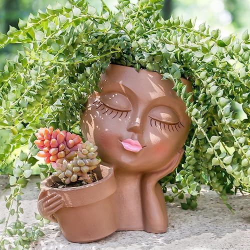 vomiceak Face Planter Pots Head Planters for Indoor Outdoor Plants | Double Cute Plant Pots for Flower Succulent with Drainage Holes - Gift Ideas for Women (Black Lady)