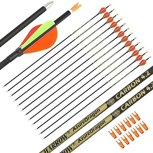 AMEYXGS 31 Carbonpfeile ID 4.2mm Jagdpfeile 700 800 900 1000 Spine mit Naturfeder Pfeile für Recurvebogen Compoundbogen Langbogen (700 Spine/0.001, Orange-Hellgrün/12pcs)