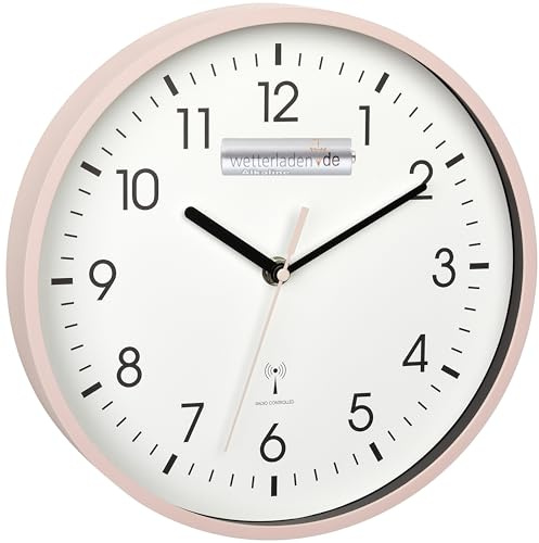TFA Dostmann Analoge Funk-Wanduhr, 60.3550, höchste Genauigkeit, modern, analog, Glasabdeckung, für Büro, zu Hause, Geschenk, 245 x 245 x 42 mm (rosa mit Batterie)