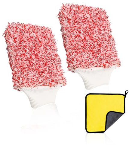 MAXQUU 2 Pieces Red and White Car Wash Gloves 1pc Double Sided Towel, Care Cleaning Kit, Cleaning, Dusting Gloves, Super Absorbent Suitable for Furniture