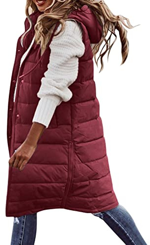 Duohropke Chaleco acolchado largo con capucha para mujer, chaleco largo, chaqueta acolchada, chaqueta de plumón, chaqueta para exteriores, chaleco de invierno, abrigos, burdeos, M