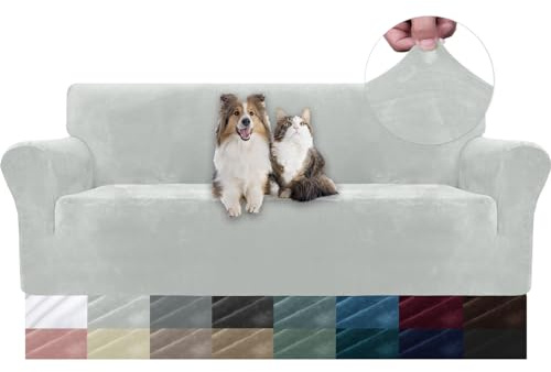 YSTELLAA Samt Sofa Überzug 3 Sitzer, Stretch Sofahusse Universal, Sofaschoner rutschfest, Sofa Covers Mit Armlehne, Couch Bezug Schutz Katze, Waschbare Couchschoner, Silbergrau