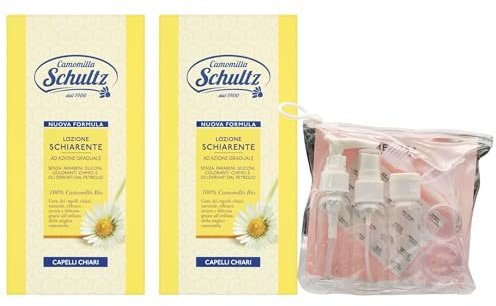 2x Lozione Schiarente, Ad Azione Graduale, 100% Camomilla Bio, Cura Dei Capelli Chiari, Naturale, Efficace, Sicura e Delicata. Per Capelli Chiari 200ml + Kit Bottiglie Viaggio