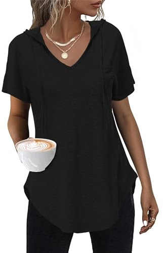 WNEEDU Tee Shirt Femme Col V Sweat a Capuche Femme Hoodie T-Shirt Top Haut Femme été Chic Légere Noir XL