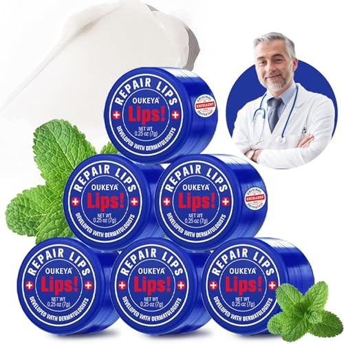 OUKEYA Bálsamo Labial Medicado Hidratante con Cera de Abejas, Petrolato, Aceite de Menta, Ingredientes Naturales, Máscara Labial de Noche, Hidratación Prolongada para Labios Agrietados, 6 Pieza