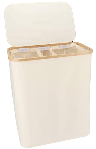 KROMS Panier à linge 3 compartiments pliable 145L - Beige – Bac à linge bambou – Panier a linge pliable – Panier rangement buanderie – Bac a linge 3 compartiment