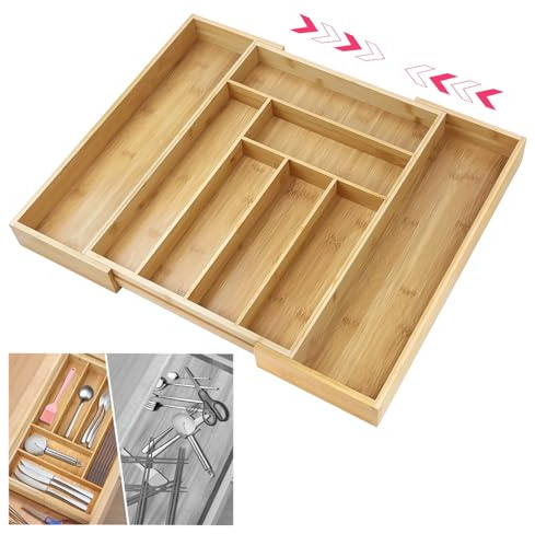 HSHa Utensil Drawer Organiser, Bamboo Cutlery Tray 52cm, Expandable Kitchen Drawer Organiser, Flatware Tray Drawer Insert 6-8 Compartment, Easy to Clean