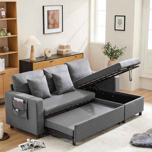 ZYLOYAL10 Schlafsofa mit Schlaffunktion, L-förmiges Sofa, Moderne Design-Polstermöbel, Sofa-Chaiselongue mit Stauraum, mit Taschenbecherhalter, Wohnzimmer-Schlafsofa (Dunkelgrau, 3 Seat)